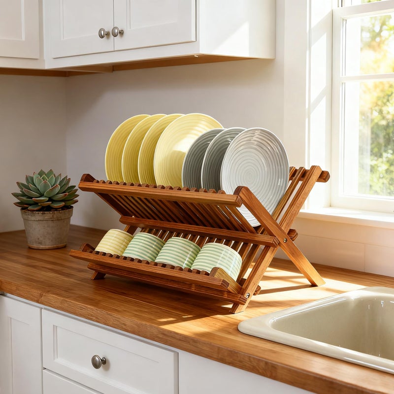Utoplike Teak Dish Drainer Rack Collapsible 2 Tier Dish Rack Dish Drying Rack Foldable Plate Organizer Holder for Kitchen Compact - Image 4